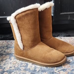 Tan Asymmestrical Minnetonka Boots